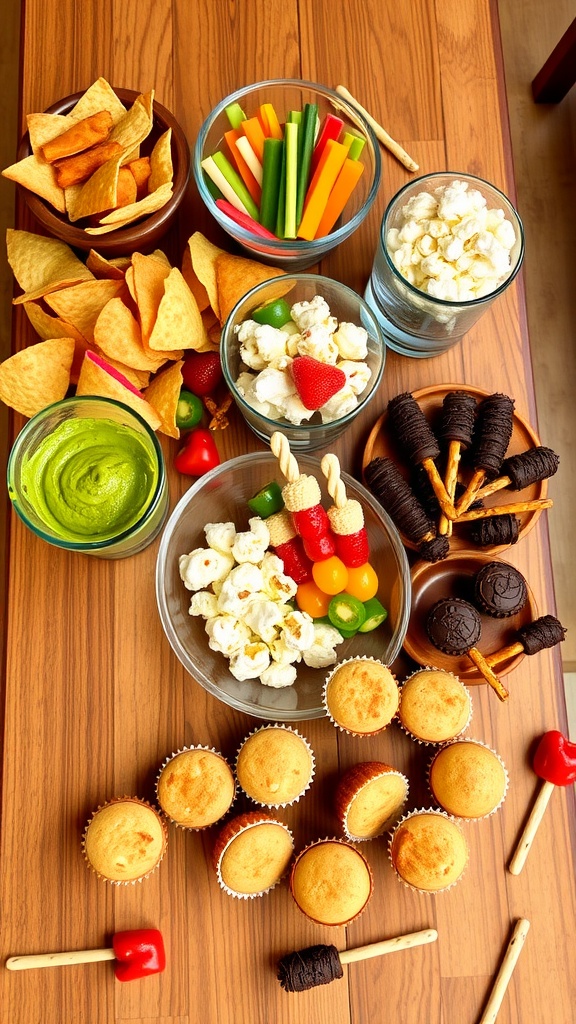 A colorful array of snacks including tortilla chips, guacamole, vegetable sticks, popcorn, fruit skewers, mini muffins, and chocolate-covered pretzels on a rustic wooden table.